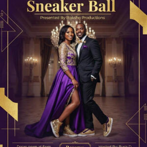 Formal event flyer for the 2nd Kicks and Class Sneaker Ball featuring a couple in formal attire and sneakers, with event details including plated dinner, auctions, and $500 reserved tables at the Amarillo Civic Center.